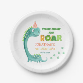 Verjaardagsfeestje met leuk dinosaurus stamp chomp papieren bordje
