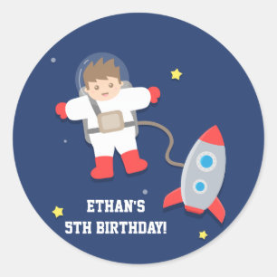 Verjaardagsfeestje met raket ruimteschip astronaut ronde sticker
