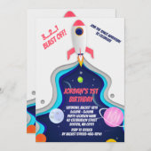 Verjaardagsfeestje met raket ruimteschip in de bui kaart (Voorkant / Achterkant)