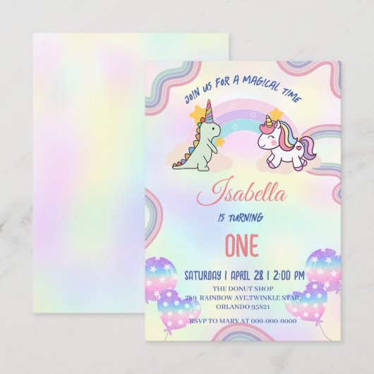 Verjaardagsfeestje met Regenboog Eenhoorns & Dinos Bedankkaart (Voorkant / Achterkant)