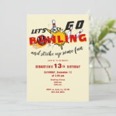 Verjaardagsfeestje met retro mascotte bowling voor kaart (Staand voorkant)