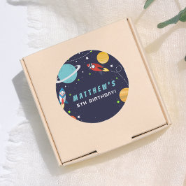 Verjaardagsfeestje met ruimteschip ronde sticker