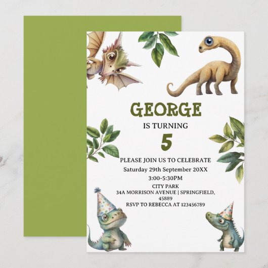 Verjaardagsfeestje met watercolor kinderdinosaurus kaart (Voorkant / Achterkant)