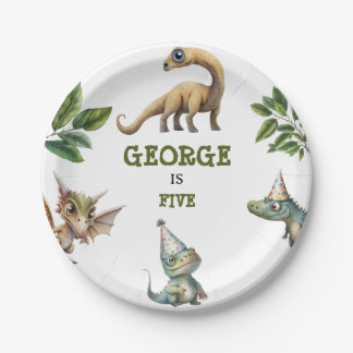Verjaardagsfeestje met waterverf kinderdinosaurus papieren bordje