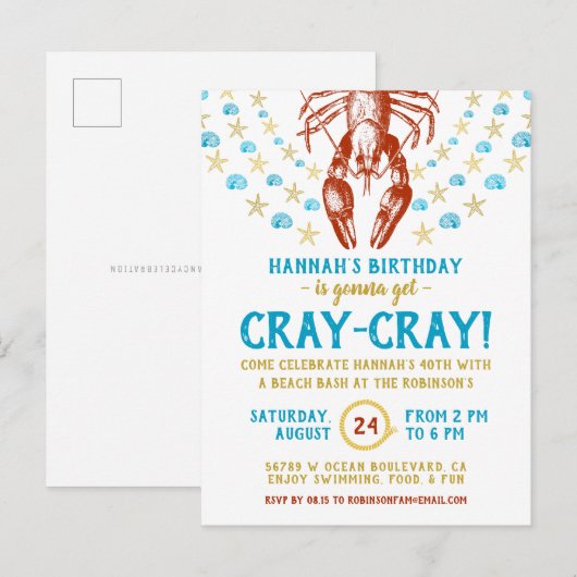 verjaardagsfeestje | Nautisch strand rivierkreeft Uitnodiging Briefkaart (Voorkant / Achterkant)