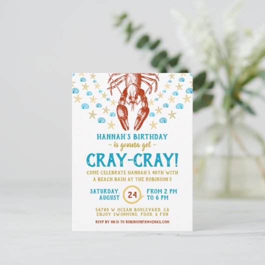 verjaardagsfeestje | Nautisch strand rivierkreeft  Uitnodiging Briefkaart (Staand voorkant)