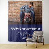 Verjaardagsfeestje navyblauw witte fotoman wandkleed (In situ)