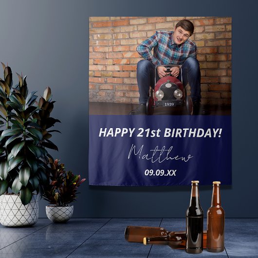 Verjaardagsfeestje navyblauw witte fotoman wandkleed