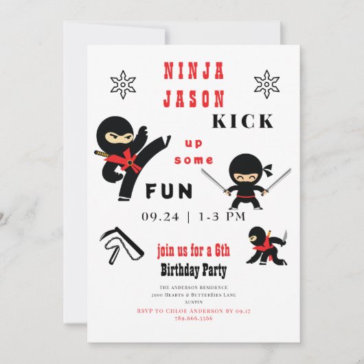 Verjaardagsfeestje Ninja Rood & Zwart Kick up Some Kaart (Voorkant)