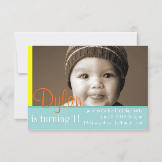 Verjaardagsfeestje Nodig mijn foto Blauw Geel Sina Kaart (Voorkant)