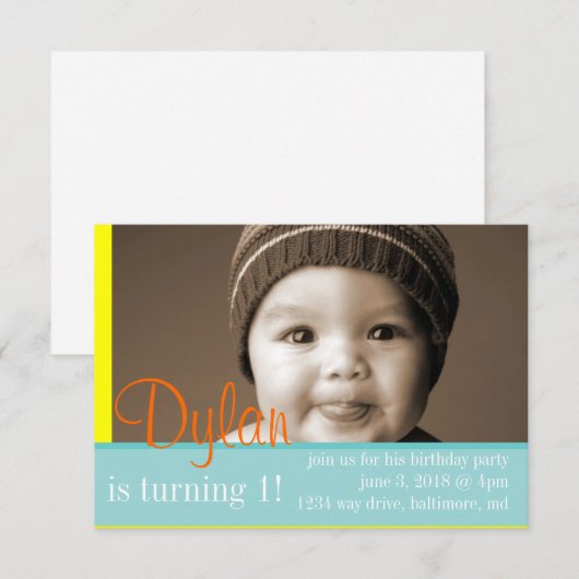 Verjaardagsfeestje Nodig mijn foto Blauw Geel Sina Kaart (Voorkant / Achterkant)