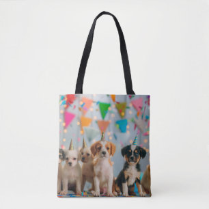 Verjaardagsfeestje ontwerp met schattige puppy's tote bag