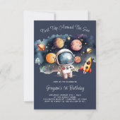 Verjaardagsfeestje Outer Space Planeten Blauw 1e Kaart (Voorkant)
