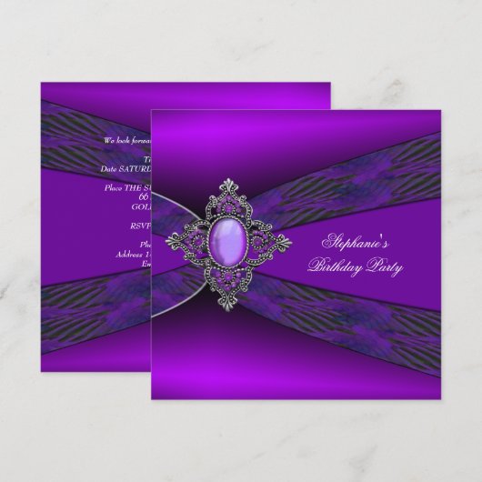 Verjaardagsfeestje Paars Zilver Jewel Kaart (Voorkant / Achterkant)