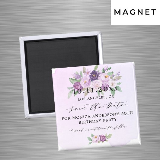 Verjaardagsfeestje paarse bloemen save the date magneet