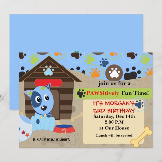 verjaardagsfeestje puppy kaart (Voorkant / Achterkant)