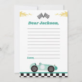 Verjaardagsfeestje raceauto tijdcapsule notitiekaa bedankkaart (Voorkant)