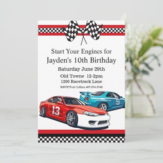 Verjaardagsfeestje raceauto, uitnodiging 10e verja (Staand voorkant)