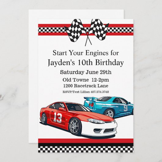 Verjaardagsfeestje raceauto, uitnodiging 10e verja (Voorkant / Achterkant)