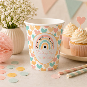 Verjaardagsfeestje Rainbow & Hearts 1 jaar Papieren Bekers