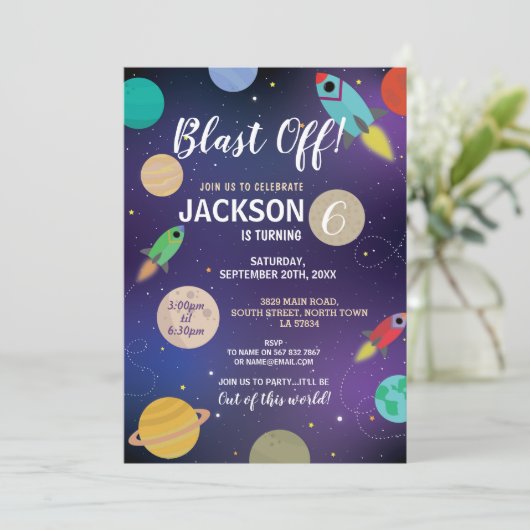 Verjaardagsfeestje raket Blast Off Space Galaxy Kaart (Staand voorkant)