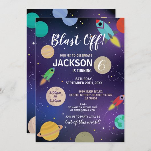 Verjaardagsfeestje raket Blast Off Space Galaxy Kaart (Voorkant / Achterkant)