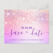 Verjaardagsfeestje regenboog glitters pink save th briefkaart (Voorkant)