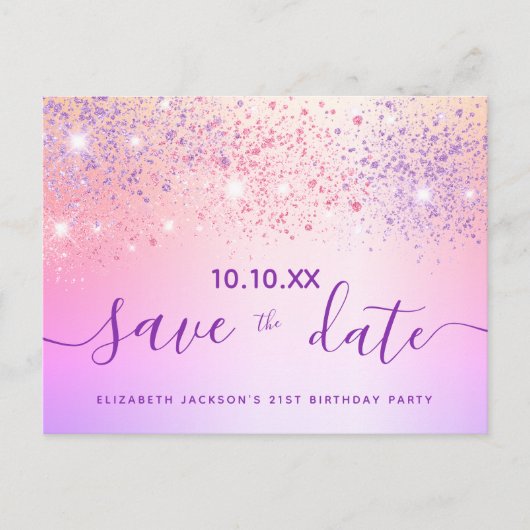 Verjaardagsfeestje regenboog glitters pink save th briefkaart (Voorkant)