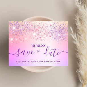 Verjaardagsfeestje regenboog glitters pink save th briefkaart