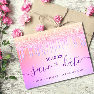 Verjaardagsfeestje regenboog glitters roze save th briefkaart