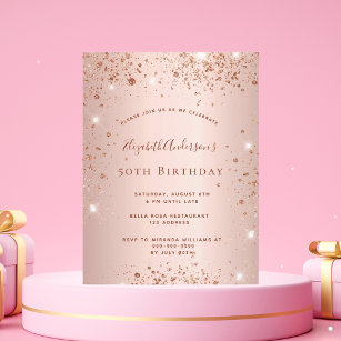 Verjaardagsfeestje roos goud uitnodiging briefkaart