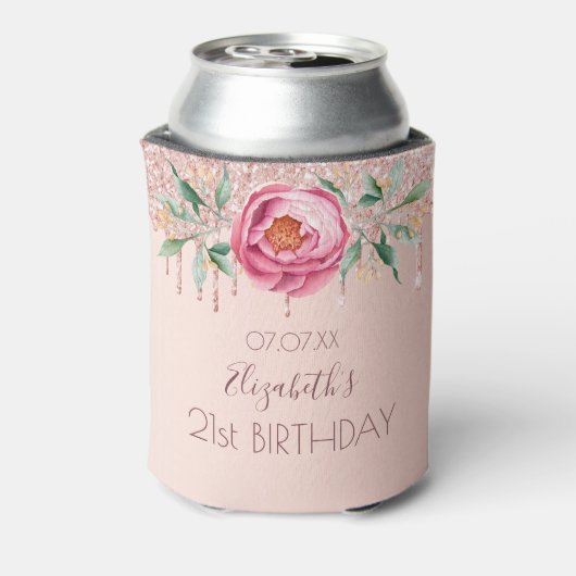 Verjaardagsfeestje roze gouden blozende roze bloem blikjeskoeler (Blikje Achterkant)