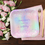 Verjaardagsfeestje roze paarse holografisch papieren bordje<br><div class="desc">Een meisjesachtige trendy iriserende achtergrond met eenhoorn- en regenboogpastelkleuren in roze,  paarse,  mintgroen. Versierd met faux sparkles. Personaliseer en voeg een naam en leeftijd toe. Het woord verjaardag is geschreven met een modern handgeschreven stijlscript.</div>