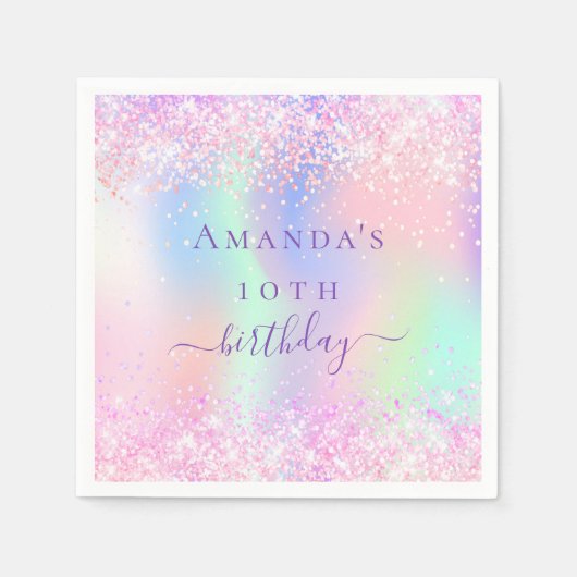Verjaardagsfeestje roze paarse holografisch servet (Voorkant)