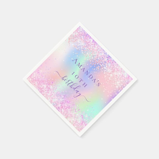Verjaardagsfeestje roze paarse holografisch servet (Hoek)