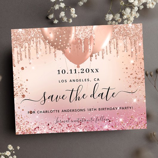 Verjaardagsfeestje roze roos goud save the date