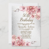 Verjaardagsfeestje Roze Waterverf Bloemen Glitter Kaart (Voorkant)