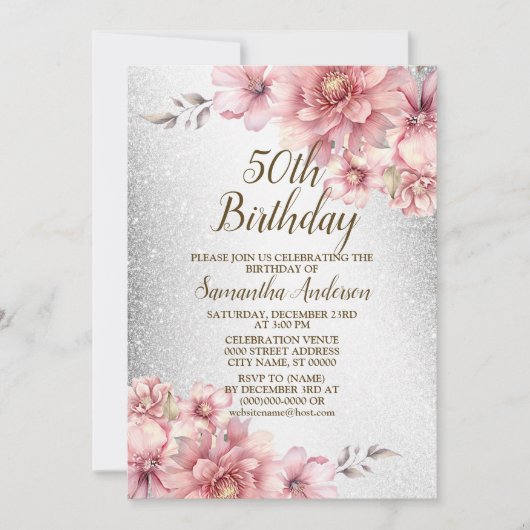 Verjaardagsfeestje Roze Waterverf Bloemen Glitter Kaart (Voorkant)