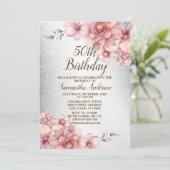 Verjaardagsfeestje Roze Waterverf Bloemen Glitter Kaart (Staand voorkant)