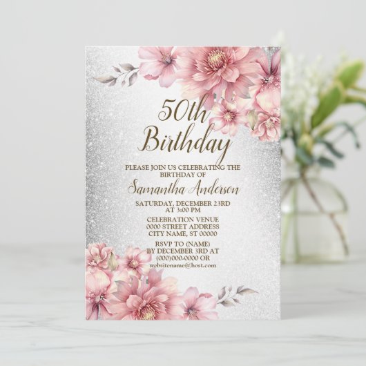 Verjaardagsfeestje Roze Waterverf Bloemen Glitter Kaart (Staand voorkant)