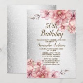 Verjaardagsfeestje Roze Waterverf Bloemen Glitter Kaart (Voorkant / Achterkant)