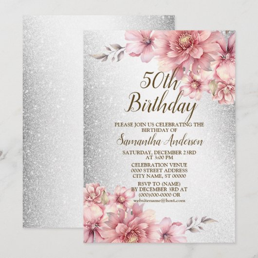 Verjaardagsfeestje Roze Waterverf Bloemen Glitter Kaart (Voorkant / Achterkant)