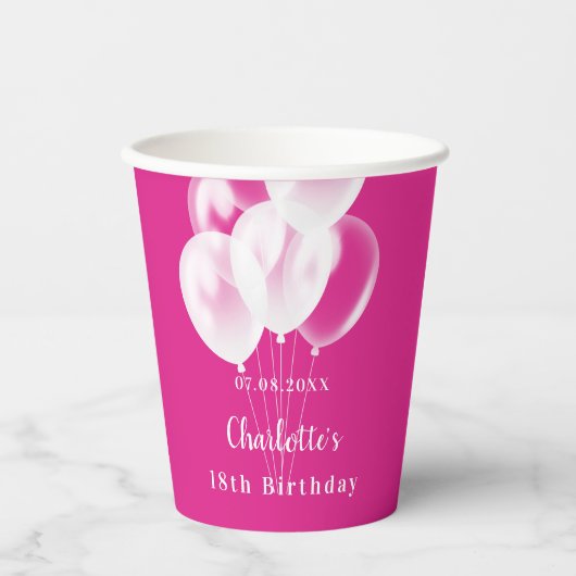 Verjaardagsfeestje roze witte ballonnen naam meisj papieren bekers (Voorkant)