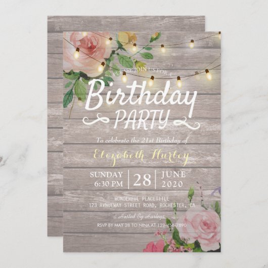 Verjaardagsfeestje Rustic Hout Bloemen & Slingerli Kaart (Voorkant / Achterkant)