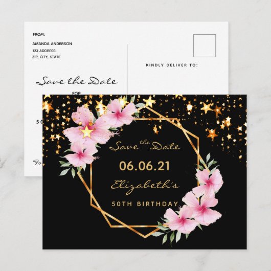 Verjaardagsfeestje Save the Date tropische zwarte  Briefkaart (Voorkant / Achterkant)