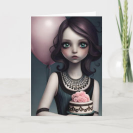 verjaardagsfeestje, schattig meisje met ballonnen kaart