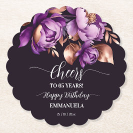 Verjaardagsfeestje servies paarse pioenrozen sjabl kartonnen onderzetters