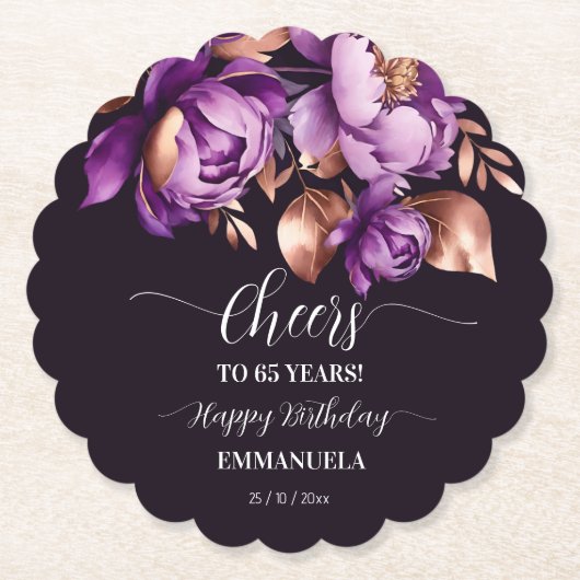 Verjaardagsfeestje servies paarse pioenrozen sjabl kartonnen onderzetters (Voorkant)