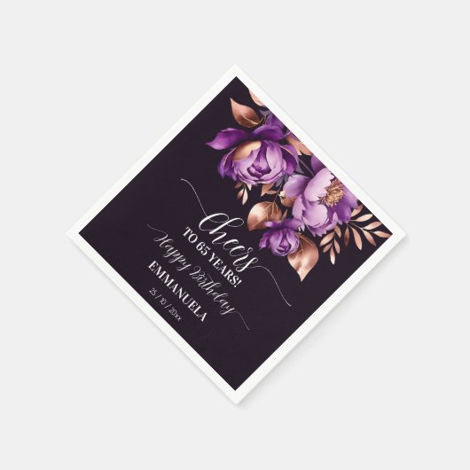 Verjaardagsfeestje servies paarse pioenrozen sjabl servet (Hoek)
