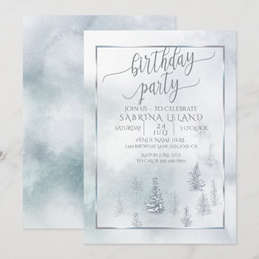 verjaardagsfeestje | Silver Blue Winter Wonderland Aankondiging (Voorkant / Achterkant)